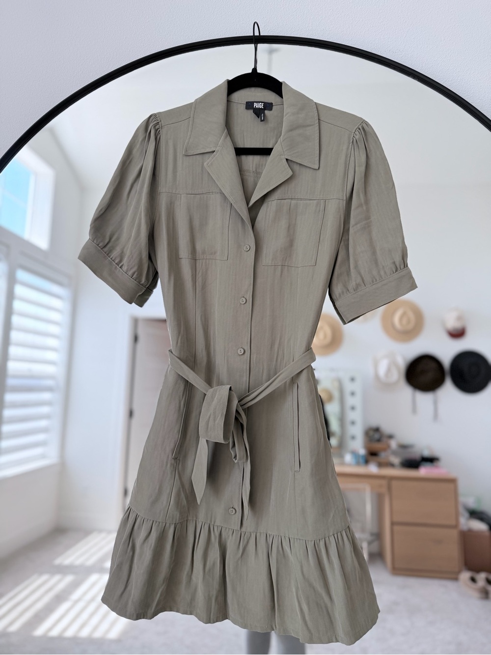 PAIGE Sage Green Button-Front Shirt Dress with Tie Waist